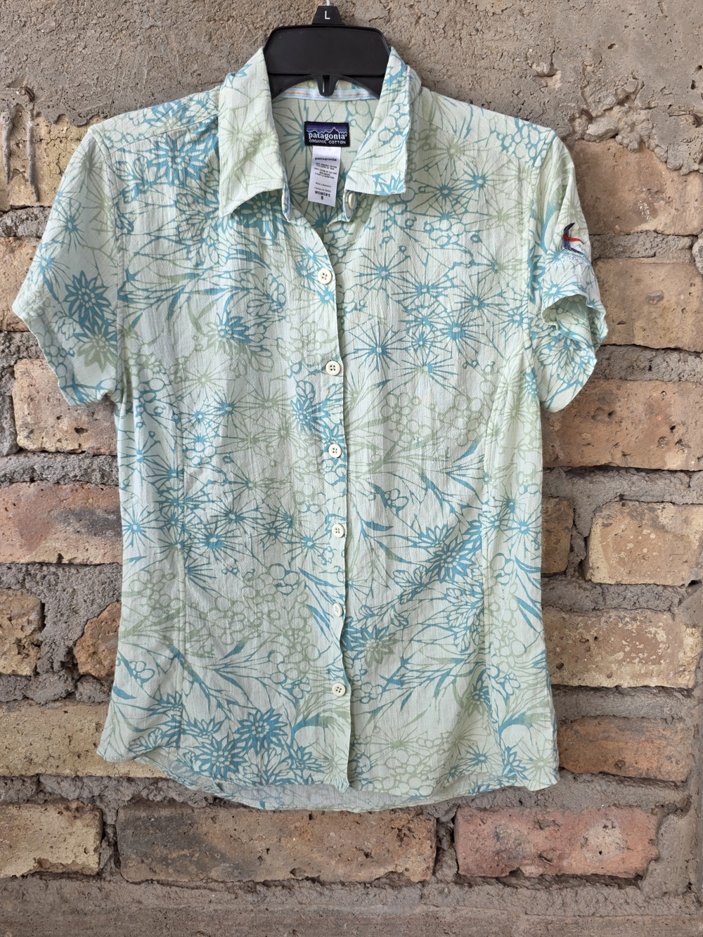 Patagonia Organic Cotton Blue Green Floral Short Sleeve Button Down Shirt Sz 8